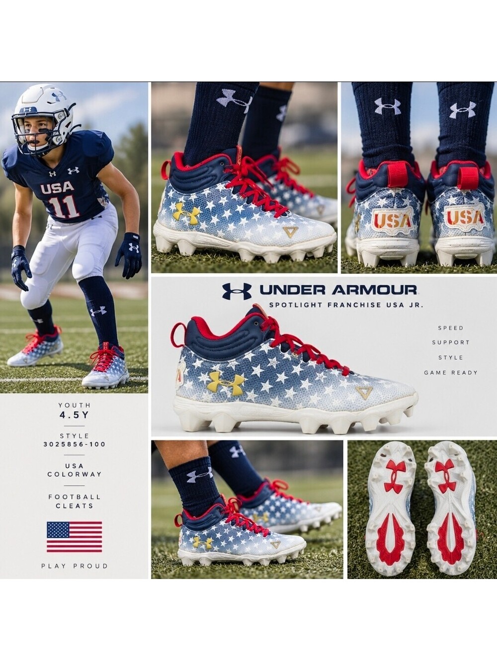 Under Armour Spotlight Franchise USA Football Cleats Youth 4.5Y Stars 3025856